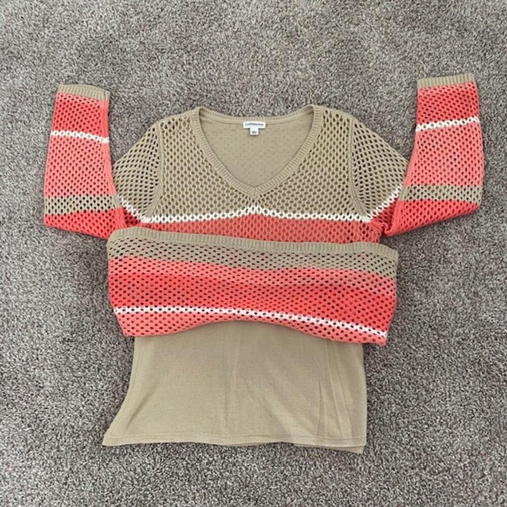 Croft & Barrow V-Neck‎ Loose Knit Lined Sweater Tan/Orange/Ivory Women's Large - Picture 11 of 12